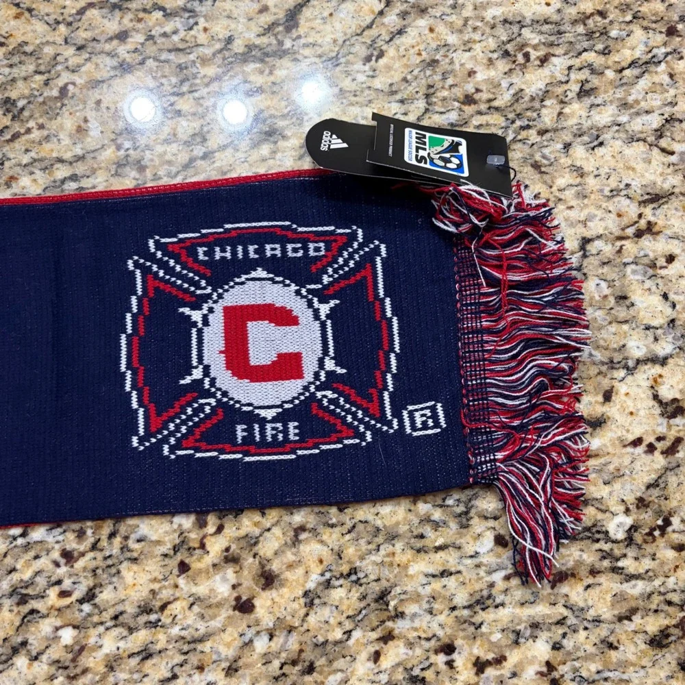 NEW Adidas Chicago Fire MLS Soccer Scarf Navy Blue Red White Fringe